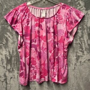 Stella Parker Collection Women 2X Tickled Pink Floral Print Top Short Sleeve NWT